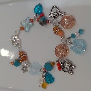 Handmade Cat & Floral Beaded Charm Bracelet  7" Magnetic Closure